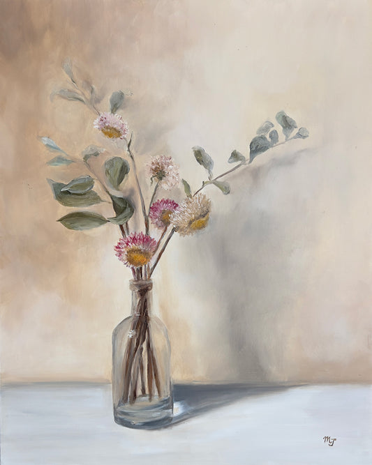 Dried Strawflowers in Glass Vase