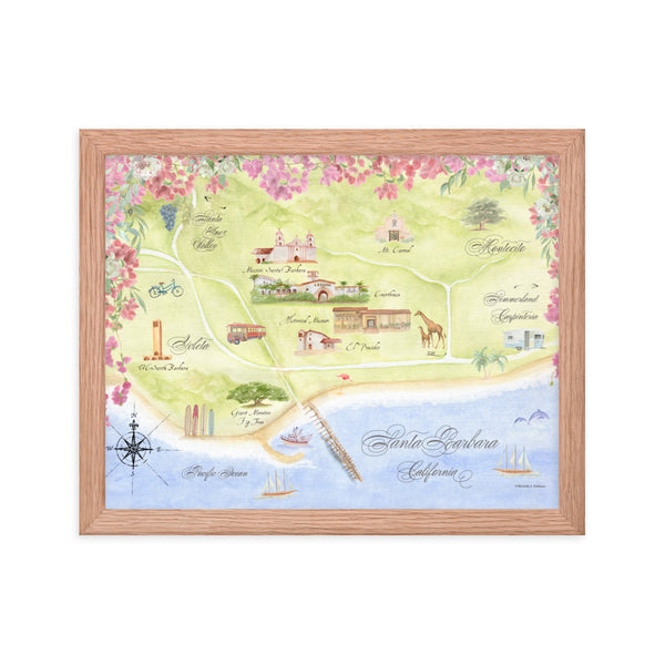 Santa Barbara Watercolor Map - Framed Print